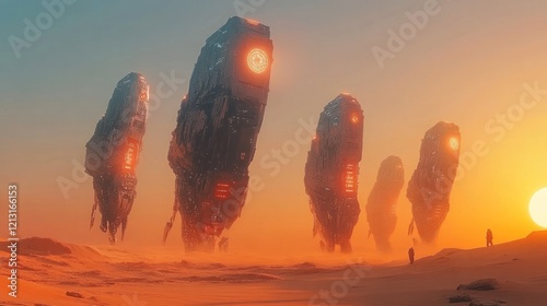 Mysterious alien spaceships of unknown origin hovering ominously over a dramatic desert landscape bathed in the warm glow of a setting sun photo