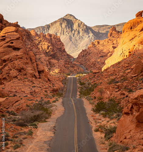 The sunrise light illuminates the red rock valley at Mouse Tank Road in the Valley of Fire state park in Nevada