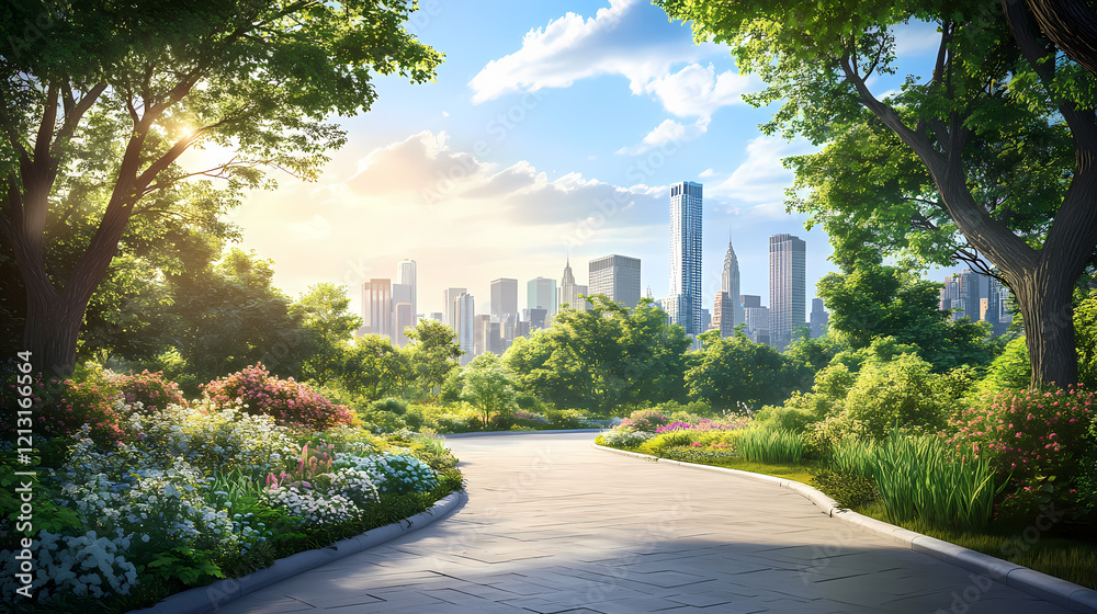 A serene paved walkway winds toward a diverse, towering city skyline. lush trees line its edge, framing an urban vista. Zenith Tower. Illustration A serene paved walkway winds toward a diverse, towering city skyline. lush trees line its edge, framing an urban vista. Zenith Tower. Illustration