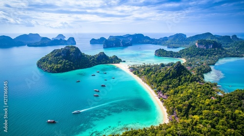 Stunning aerial view of tropical island with turquoise waters and lush greenery