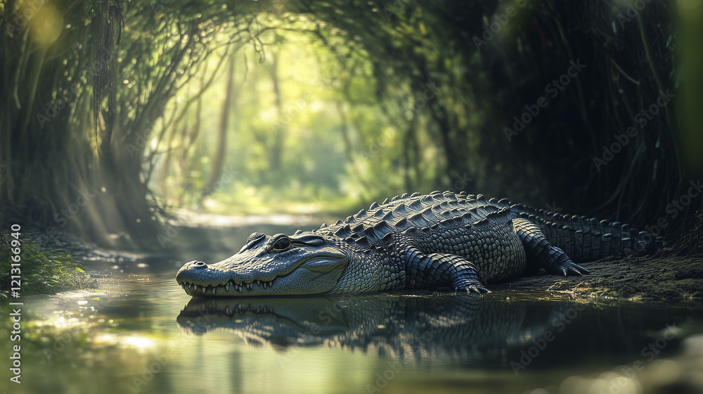 An alligator in the. Crocodile, , rays, sun trees, river, dark, forest. Dark forest with trees and a river. Crocodiles in the forest with dark rays of sunlight in the lifestyle forest. An alligator. An alligator in the. Crocodile, , rays, sun trees, river, dark, forest. Dark forest with trees and a river. Crocodiles in the forest with dark rays of sunlight in the lifestyle forest. An alligator.