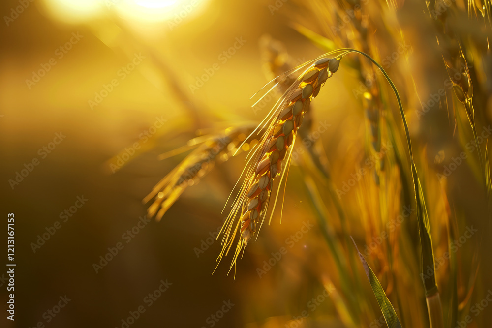 Fototapeta premium Golden wheat glows in the soft light of a setting sun. Concept of agriculture and harvest. For nature photography.
