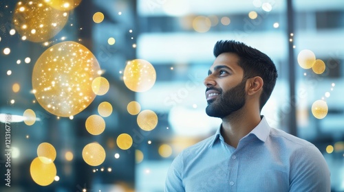 Aspirations and Innovation: A young man with a determined look and a hopeful smile gazes upward, surrounded by a flurry of glowing orbs representing the limitless potential of ideas and innovation.   photo