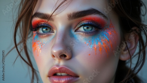 Experimental makeup on a woman with vibrant splashes of orange and blue, showcasing bold fashion creativity. photo