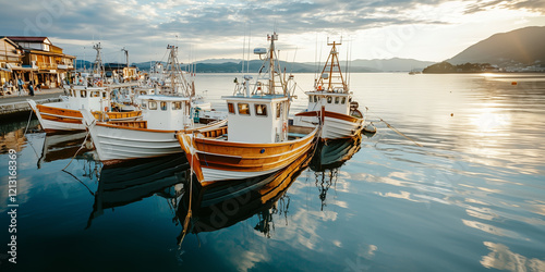 serene scene of fishing boats docked at calm harbor during sunset, reflecting warm colors on water surface. peaceful atmosphere invites relaxation and contemplation
