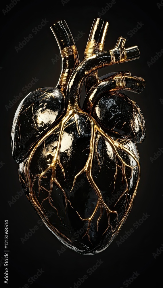 A black heart made of gold, with intricate details and broken veins, set against a dark background A black heart made of gold, with intricate details and broken veins, set against a dark background