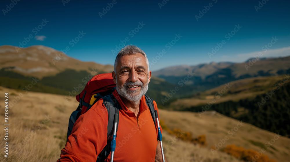 Naklejka premium Senior man with a backpack and trekking poles relishing a mountain trek on a sunny day, surrounded by stunning landscapes and vibrant nature