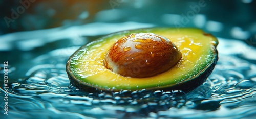 Ripe avocado half in water, close-up. Food photography photo