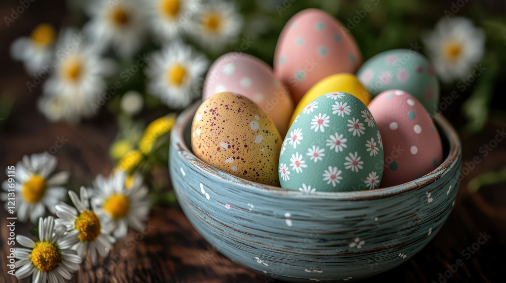Colorful Easter eggs in a bowl with daisies, adding a cheerful touch to the spring celebration. Colorful Easter eggs in a bowl with daisies, adding a cheerful touch to the spring celebration.
