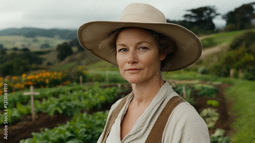 Fototapeta premium The Gardener's Resolve: A weathered woman with steely eyes, a worn hat, and a determined expression, stands amidst rows of thriving vegetables in a rural garden, radiating strength and resilience. 
