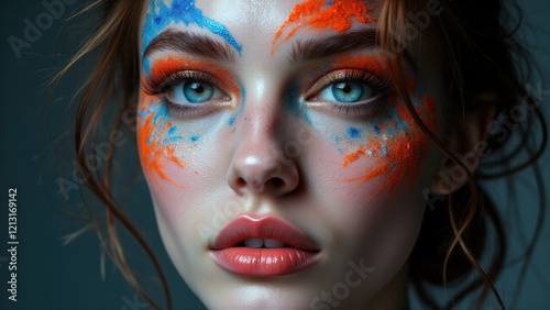 Bold orange and blue experimental makeup on a woman, featuring splashes of vibrant color for a fashion-forward look.