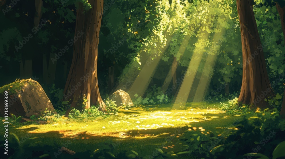 Obraz premium A quiet forest glade, with rays of sunlight breaking through the canopy and lighting up the forest floor. 