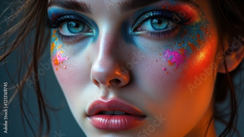 Creative experimental makeup on a woman with bold splashes of orange and blue, redefining modern fashion trends. photo