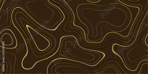 A luxurious gold abstract line art background vector depicting a mountain topographic terrain map with radiant gold line textures. This sophisticated design is ideal for wall art, fabric, packaging