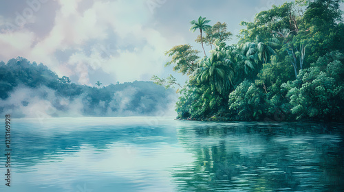 Gentle morning mist clings to the lush greenery of a tropical island's edge veiling the serene lagoon in an ethereal aura, landscape, mist. Ethereal Lagoon. Illustration