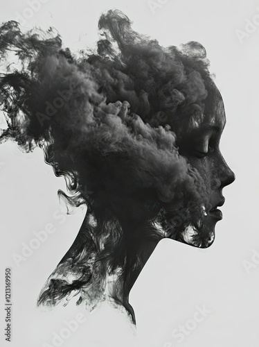 A black-and-white drawing with thin lines of an abstract portrait, the face is obscured by thick scribbles, pencil strokes, and digital noise