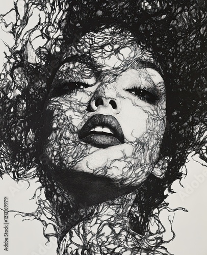 A black-and-white drawing with thin lines of an abstract portrait, the face is obscured by thick scribbles, pencil strokes, and digital noise