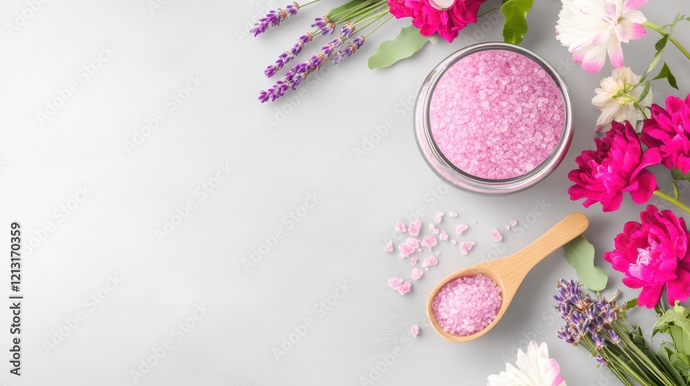 Relaxing Spa Ritual: A serene arrangement of pink bath salts, nestled in a glass jar, alongside sprigs of lavender and blooming pink and white flowers on a cool gray surface. Relaxing Spa Ritual: A serene arrangement of pink bath salts, nestled in a glass jar, alongside sprigs of lavender and blooming pink and white flowers on a cool gray surface.