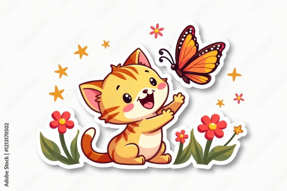 Fototapeta premium Sticker with a playful kitten joyfully pouncing on a butterfly surrounded by flowers and sparkles, cheerful whimsical design concept.