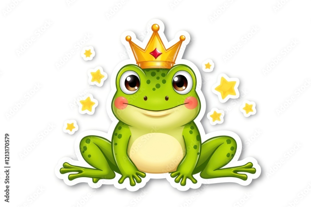 Sticker with a cheerful green frog wearing a tiny crown, surrounded by glowing fireflies on a white background, playful design concept. Sticker with a cheerful green frog wearing a tiny crown, surrounded by glowing fireflies on a white background, playful design concept.