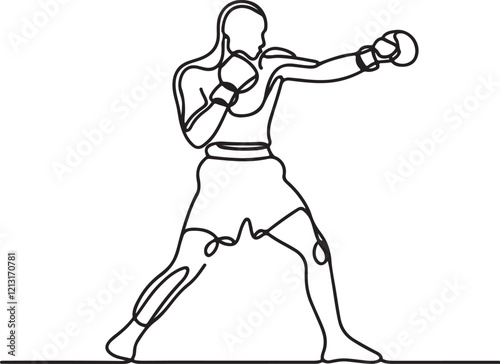 Vector Art of Boxer Throwing Punch in Fighting Stance – Line Drawing Style photo