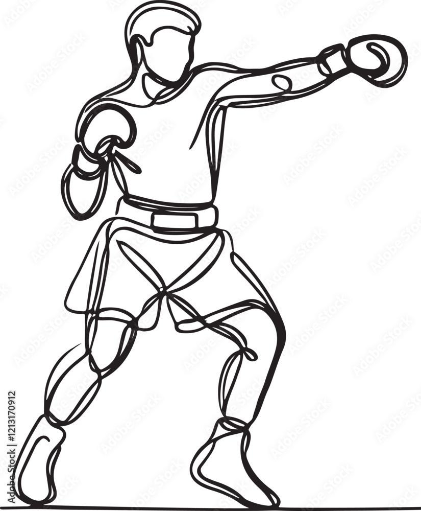 Fototapeta premium Vector Art of Boxer Throwing Punch in Fighting Stance – Line Drawing Style