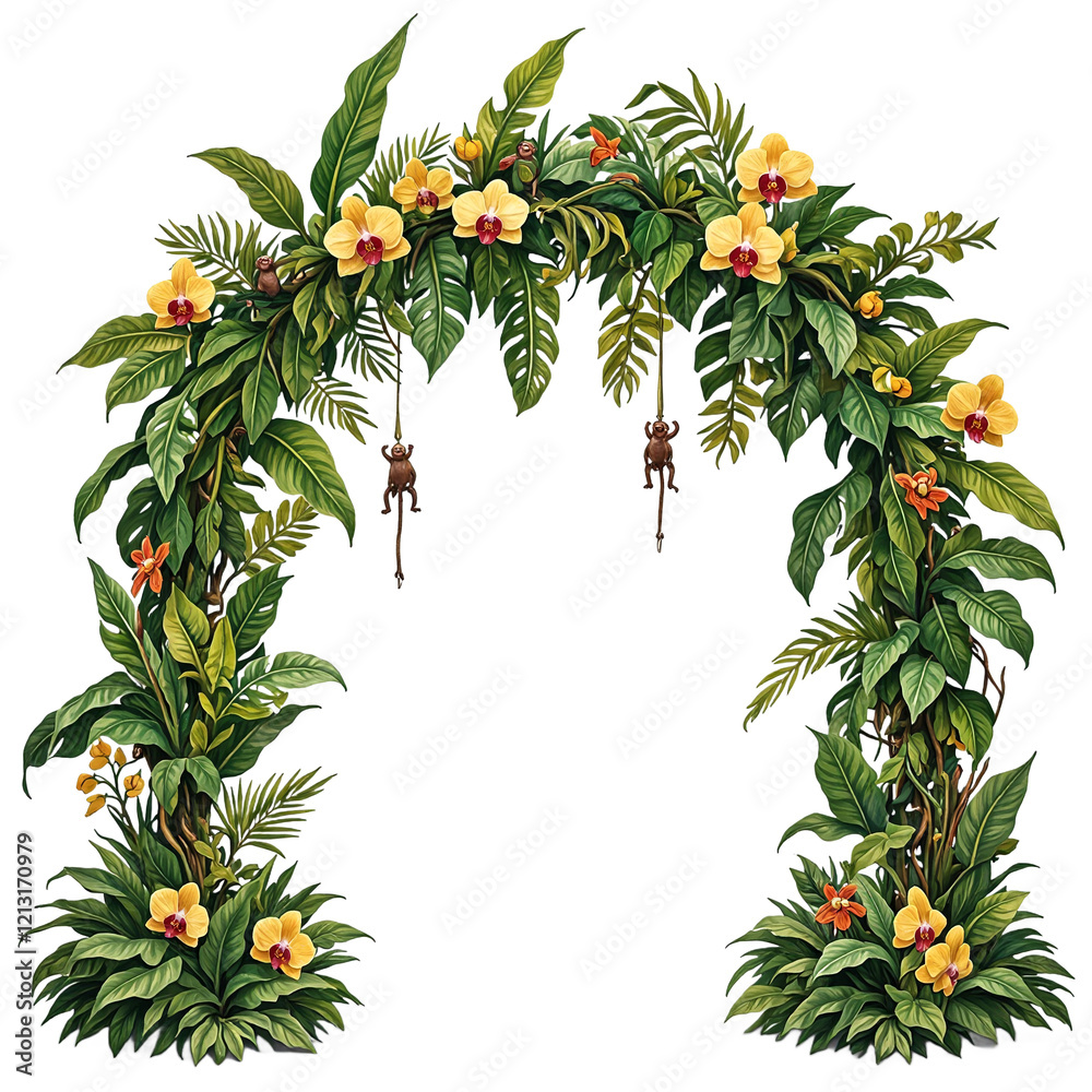 Fototapeta premium Exotic arch with banana leaves orchids and monkeys