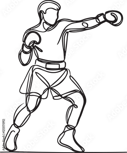Vector Art of Boxer Throwing Punch in Fighting Stance – Line Drawing Style
