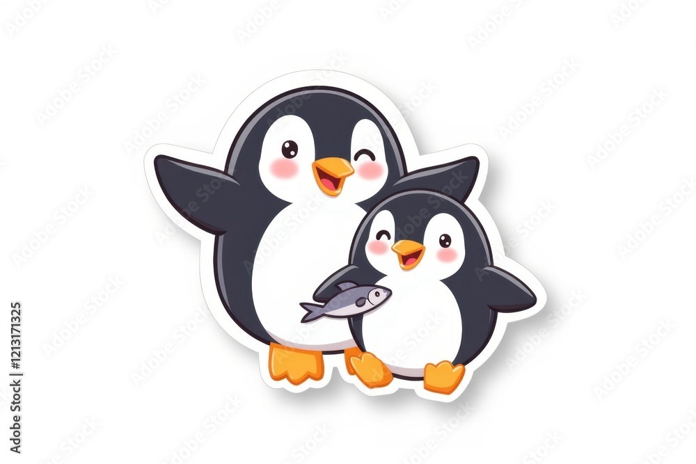 Fototapeta premium Sticker with a happy penguin family standing together, with a baby penguin holding a small fish on a white background, cheerful illustration concept.