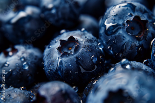 Blueberries with water droplets are clustered together. Concept of freshness and nature. For food marketing. photo
