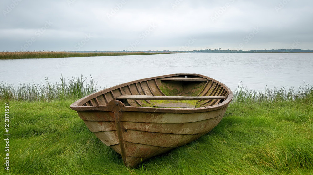 Abandoned wooden boat with moss growing on it, laying on a riverbank with tall grass, on a cloudy day Abandoned wooden boat with moss growing on it, laying on a riverbank with tall grass, on a cloudy day