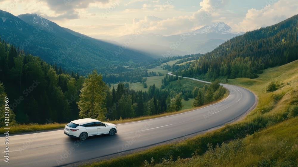 Scenic Drive: A white car gracefully navigates a winding mountain road, offering breathtaking views of a lush green valley and majestic snow-capped mountains. Scenic Drive: A white car gracefully navigates a winding mountain road, offering breathtaking views of a lush green valley and majestic snow-capped mountains.