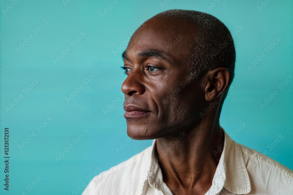 The image shows a person wearing a light-colored shirt against a blue background The image shows a person wearing a light-colored shirt against a blue background