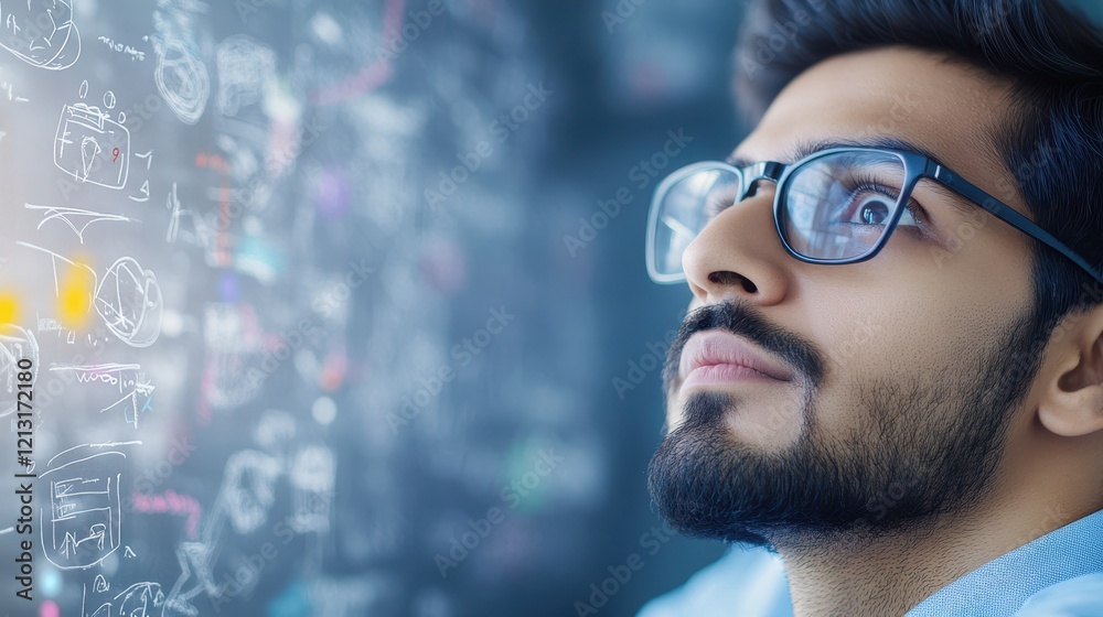 Visionary in Thought: A young man with a beard and glasses gazes thoughtfully at a complex, futuristic graphic display, symbolizing innovation and forward-thinking. Visionary in Thought: A young man with a beard and glasses gazes thoughtfully at a complex, futuristic graphic display, symbolizing innovation and forward-thinking.