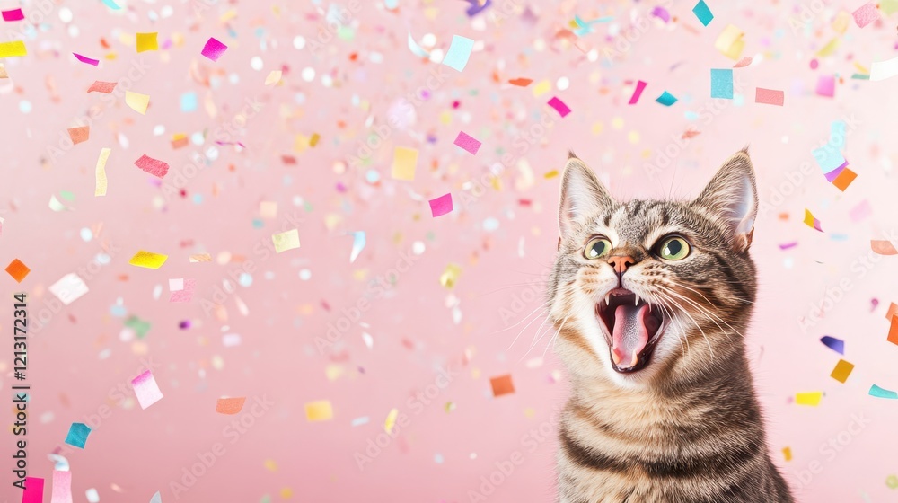 Cat in Confetti Shower: A playful tabby cat with an open mouth, seemingly surprised and delighted, sits amidst a shower of colorful confetti, creating a joyous and festive atmosphere. Cat in Confetti Shower: A playful tabby cat with an open mouth, seemingly surprised and delighted, sits amidst a shower of colorful confetti, creating a joyous and festive atmosphere.