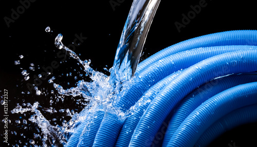 Wash multiple tubes, rubber hose, plastic, water, splashing, droplets, momentum, strong, wash, instantaneous, transparent, repellent, close-up, black background photo