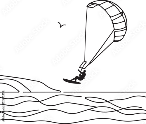 Kitesurfer Line Drawing - Soaring Above Ocean Waves in Black and White Vector Art