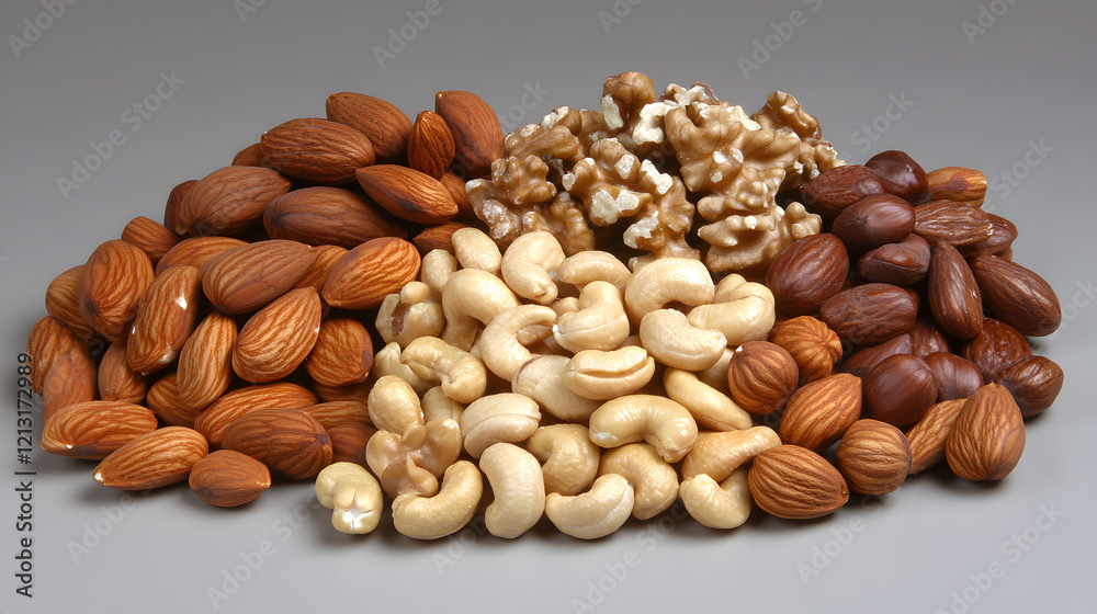 An arrangement of almonds, cashews, and pistachios on a soft beige cloth, with emphasis on their smooth, curved surfaces and contrasting textures.An arrangement of almonds, walnuts, cashews, and hazel An arrangement of almonds, cashews, and pistachios on a soft beige cloth, with emphasis on their smooth, curved surfaces and contrasting textures.An arrangement of almonds, walnuts, cashews, and hazel