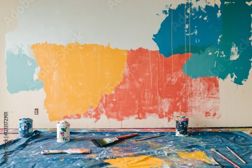 Bright colors cover a wall with large swatches of paint partially applied. Various paint tools lay scattered on a tarp, indicating ongoing artistic work in a creative space. With copy space for text