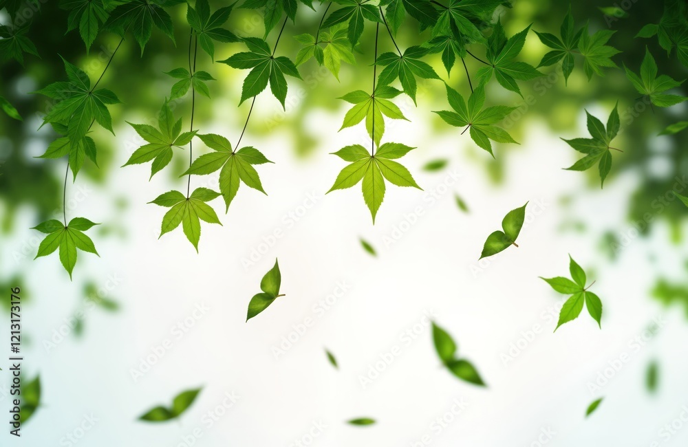Fresh green leaves float gently in air. Vibrant green foliage creates beautiful natural background. Springtime, summer, fall season. Perfect for eco-friendly themes. Ideal for wallpaper, designs, Fresh green leaves float gently in air. Vibrant green foliage creates beautiful natural background. Springtime, summer, fall season. Perfect for eco-friendly themes. Ideal for wallpaper, designs,
