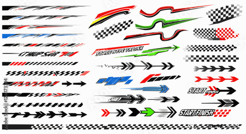 racing stripe vector set, racing flags , checkered patterns , speed lines , arrows , and start finish banners illustration , race element for motorsport designs , race graphics , vector art , and auto