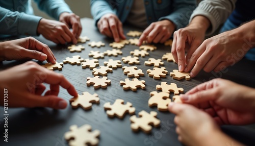 Team members solve puzzle together at meeting room. Adults work on business problem-solving workshop. People cooperate finding solutions, strategies for complex business issues. Collaboration,