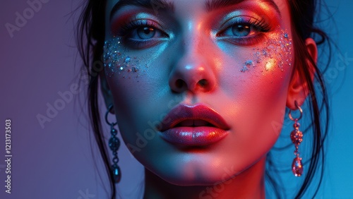 Bold experimental makeup with glittering accents on a woman, blending orange and blue for a fashion-forward look. photo