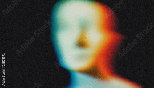 Iridescent blurry grainy face silhouette photo on black background