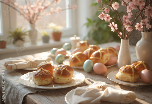 Osterbrunch mit Hot Cross Buns, Ostereiern und Frühlingsblumen