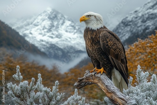 majestic bald eagle perched on weathered pine branch snowcapped mountain peaks in background morning mist dramatic lighting photo