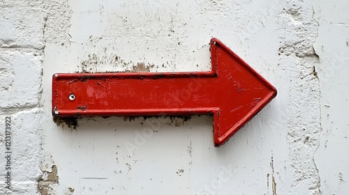 A bold red arrow pointing to the right, featured on a white background, representing navigation, exit signs, or directional cues photo