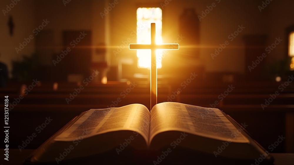 Shining cross illuminating the open pages of the Bible in a softly lit church room Shining cross illuminating the open pages of the Bible in a softly lit church room