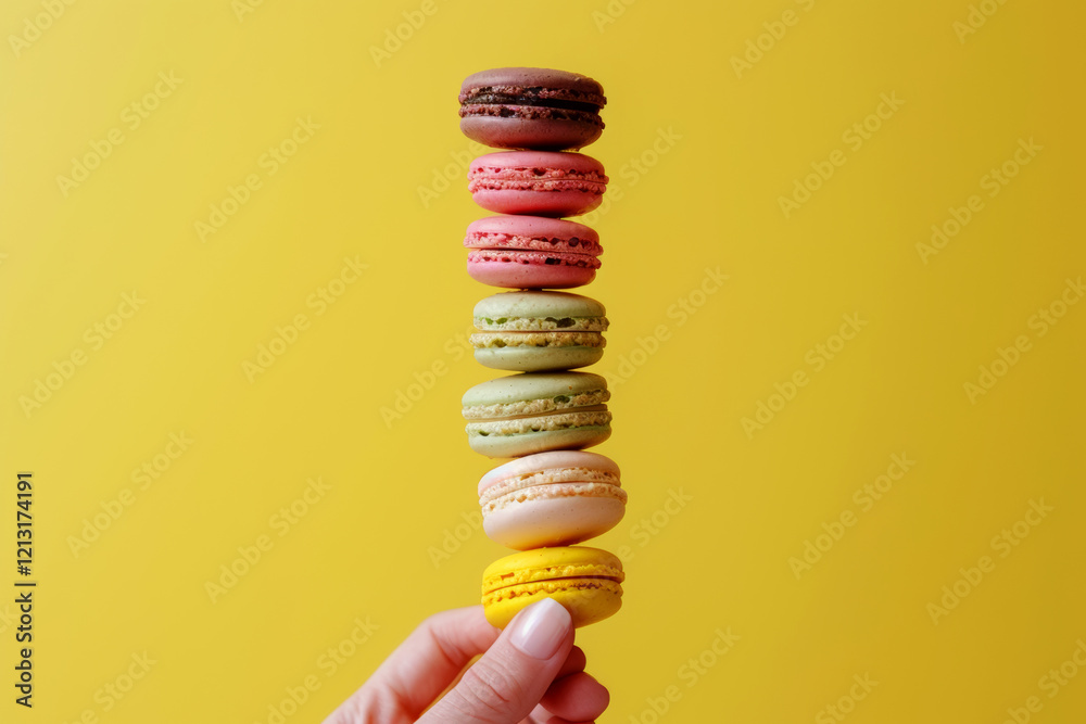 Seven colorful macarons stacked on a hand against a yellow background. Concept of sweets and balance. For dessert advertisement. Seven colorful macarons stacked on a hand against a yellow background. Concept of sweets and balance. For dessert advertisement.