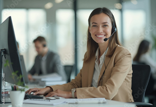 Freundliche Mitarbeiterin im Kundenservice mit Headset im modernen Büro